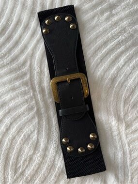 Wide Black Elastic Belt with Gold Studs & Buckle